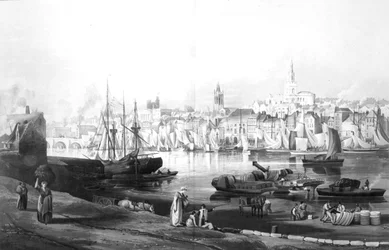 Näkymä Newcastle upon Tynen satamasta ja kaupungista Rope Walkilta, Gateshead, kaiverrettu Robert Havell, 1819 (kaiverrus).