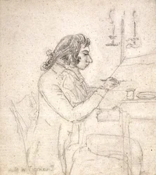 J. M. W. Turner piirustuspöydässä; Verso: rouva Monro Sleep (kynä luonnonvalkoiselle levitetylle paperille)