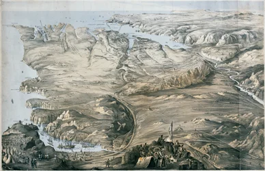 Panoraamanäkymä Englannin ja Ranskan liittoutuneiden armeijoiden juurruttamisesta ennen Sebastopolia (litografia, sävytetty)