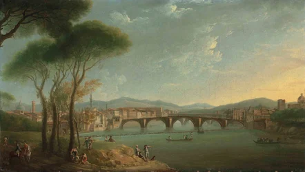 Näkymä Firenzen Arnoon Cascine Gardensista, hahmot kalastavat ja lepäävät kallioilla etualalla, Ponte alla Carità ja Ponte Vecchio takana