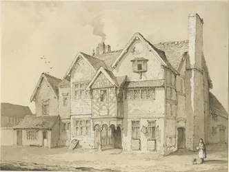 Stafford - [Old Houses in Crabbery Lane]: seepia- ja tussipiirros.