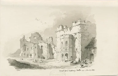 Tutbury Castle - Court Yard: kynä- ja pesupiirustus, 27. marraskuuta 1837