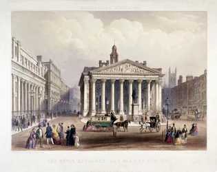 Royal Exchange ja Bank of England vasemmalla, Lontoo, 1851