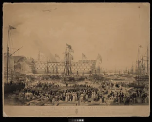 Trafalgarin vesillelasku hänen armollisen majesteettinsa kuningatar Victorian ja hänen kuninkaallisen korkeutensa prinssi Albertin läsnä ollessa Woolwichin telakalla....