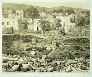 Näkymä kaivauksilta, Charles Thomas Newtonin (1816-94) teoksesta "A History of Discoveries at Helicarnassus, Cnidus, und Branchidae", julkaistu 1862.