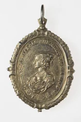 Kaarle I:n ja Henrietta Marian kannattajan merkki, n. 1649 (hopeakullattu)