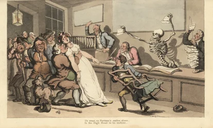 Nainen kuolee shokissa nähdessään tyhjän paperin, jota arpajaistoimistossa kuolee luuranko. Käsinvärinen kuparilevy, jonka on piirtänyt ja kaivertanut Thomas Rowlandson teoksesta The English Dance of Death, Ackermann, Lontoo