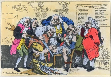 Karikatyyri Georgian kirurgeista työssä