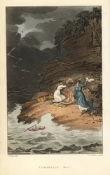 Cornelian Bay: Regency-naiset piknikillä yllättyvät äkillisestä myrskystä. Käsinvärinen kuparikaiverrus Thomas Rowlandson, akvatinta J.C. Stadler, J. Greenin luonnoksen perusteella teoksesta Poetical Sketches of Scarborough, Ackermann, Lontoo