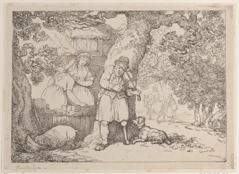 Viulunsoittaja, merimies, kaksi naista ja sika mökin luona, 1816, 1816.