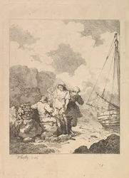 Kalastajat rannalla - Rannikkokohtaus, jossa mies istuu kallioilla ja polttaa piippua, Nex..., 1786.