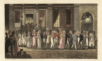 Yövartija pidätti Johnnyn ja muita juhlijia Covent Garden Chambersin riehuvien tanssijuhlien jälkeen. Thomas Rowlandsonin käsinvärinen kuparikaiverrus William Comben teoksesta The History of Johnny Quae Genus, the Little Foundling