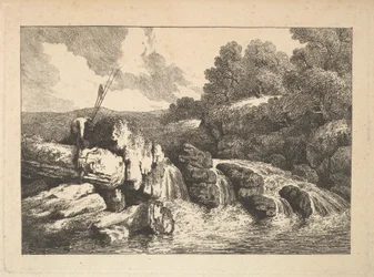 Maisema, jossa kaksi kalastajaa kiipeilevät kallioilla vesiputouksen vieressä, 1784-88.