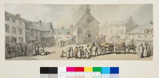 Market Place, Llanrwst, n. 1797 (kynä ja musta muste ja akvarelli paperille)