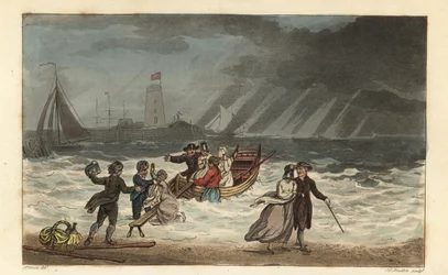 Vesijuhlat: turistit jättävät merimatkan huonon sään vuoksi. Käsinvärinen kuparikaiverrus Thomas Rowlandson, akvatinta J.C. Stadler, J. Greenin luonnoksen perusteella teoksesta Poetical Sketches of Scarborough, Ackermann, Lontoo