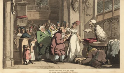 Kuoleman luuranko pappina, joka juhlii nuoren naisen ja ruman vanhan miehen häitä. Käsinvärinen kuparilevy, jonka on piirtänyt ja kaivertanut Thomas Rowlandson teoksesta The English Dance of Death, Ackermann, Lontoo
