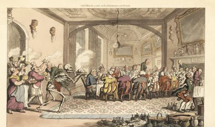 Kuoleman luuranko tuo kohtalokkaan Dainty Dish -ruoan ahmattiseen juhlaan suuressa salissa. Käsinvärinen kuparilevy, jonka on piirtänyt ja kaivertanut Thomas Rowlandson teoksesta The English Dance of Death, Ackermann, Lontoo