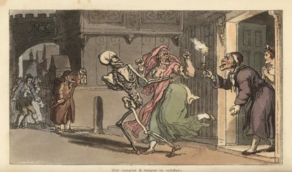Kuoleman luuranko kantaa Viragon talosta, kun yövartija lyhtyineen katsoo sitä. Käsinvärinen kuparilevy, jonka on piirtänyt ja kaivertanut Thomas Rowlandson teoksesta The English Dance of Death, Ackermann, Lontoo