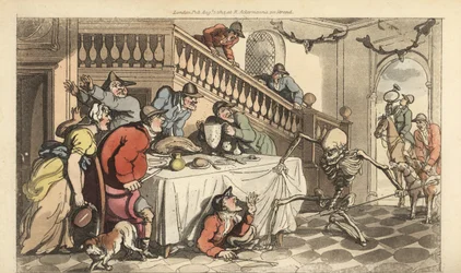 Kuoleman luuranko tulee metsästäjän luo, kun tämä piiloutuu pöydän alle ketun metsästyksen jälkeen. Käsinvärinen kuparilevy, jonka on piirtänyt ja kaivertanut Thomas Rowlandson teoksesta The English Dance of Death, Ackermann, Lontoo