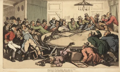 Kuoleman luuranko taistelee herraspelaajien kanssa lontoolaisen peliklubin Chance-huoneessa. Käsinvärinen kuparilevy, jonka on piirtänyt ja kaivertanut Thomas Rowlandson teoksesta The English Dance of Death, Ackermann, Lontoo