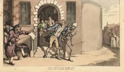 Kuoleman luuranko vapauttaa vangin velallisen vankilasta hänen järkyttyneen perheensä edessä. Käsinvärinen kuparilevy, jonka on piirtänyt ja kaivertanut Thomas Rowlandson teoksesta The English Dance of Death, Ackermann, Lontoo