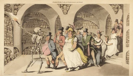 Kuoleman luuranko opastaa turisteja Pariisin katakombien läpi. Käsinvärinen kuparilevy, jonka on piirtänyt ja kaivertanut Thomas Rowlandson teoksesta The English Dance of Death, Ackermann, Lontoo