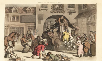 Kuoleman luuranko auttaa suuren matronin kohtalokkaaseen viimeiseen vaiheeseen. Käsinvärinen kuparilevy, jonka on piirtänyt ja kaivertanut Thomas Rowlandson teoksesta The English Dance of Death, Ackermann, Lontoo