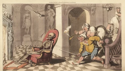 Kuoleman luuranko istuu suuren talon portieerin tuolissa, kun kauhuissaan palvelijat tulevat alas portaita tutkimaan asiaa. Käsinvärinen kuparilevy, jonka on piirtänyt ja kaivertanut Thomas Rowlandson teoksesta The English Dance of Death, Ackermann, Lontoo