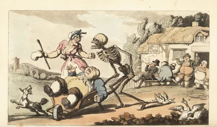 Kuoleman luuranko vie humalaisen Sotin kottikärryissä, kun taas muut juopot pitävät The Goat -pubin edessä. Käsinvärinen kuparilevy, jonka on piirtänyt ja kaivertanut Thomas Rowlandson teoksesta The English Dance of Death, Ackermann, Lontoo