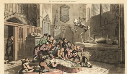 Kuoleman luuranko katselee antikvariaatit kaivaavat kuninkaan ruumiin kirkon kryptasta. Käsinvärinen kuparilevy, jonka on piirtänyt ja kaivertanut Thomas Rowlandson teoksesta The English Dance of Death, Ackermann, Lontoo