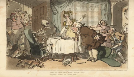 Kuoleman luuranko tikkataulun ja tiimalasin kera tulee syömään illallisella. Käsinvärinen kuparilevy, jonka on piirtänyt ja kaivertanut Thomas Rowlandson teoksesta The English Dance of Death, Ackermann, Lontoo