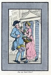 Matkustava kukkakauppias, lähestyy hymyilevää herraa pienellä ruusukimppulla (1819). Puukaiverrus, joka perustuu Thomas Rowlandsonin (1756-1827) maalaukseen, julkaistu The Cris of London -lehdessä: kuusi viehättävää lasta ja lähes 40 kuvitusta, b.