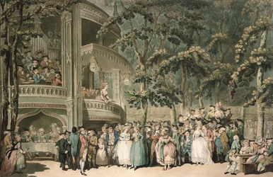 Vauxhall, kaiverrus Robert Pollard (1755-1838) ja akvatinta Francis Jukes (1747-1812), pub. Kirjailija: John Raphael Smith, 1785 (värillinen akvatinta)