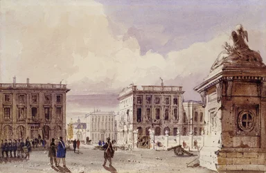 Hotel de Bellevue ja Cafe d"Amitie puistosta nähtynä, Bryssel, 1830