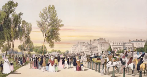 Hyde Park, lähellä Grosvenor Gatea, "London sellaisena kuin se on", kaiverrettu ja pubi. taiteilija, 1842