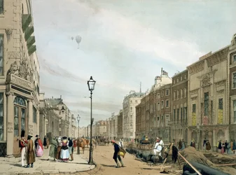Piccadilly Old Bond Streetin kulmasta, "London As It Is" -teoksesta, kaiverrettu ja julkaissut taiteilija