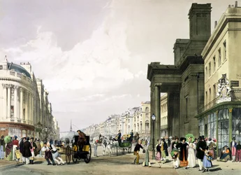 Regent Street katselee Quadrantia kohti Hannoverin kappelilla etualalla ja ostoksilla kävelyllä, 1842