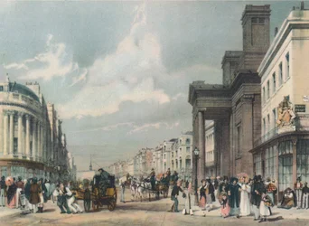 Näkymä Regent Streetiltä Quadrantia kohti Hannoverin kappelilla etualalla, 1842