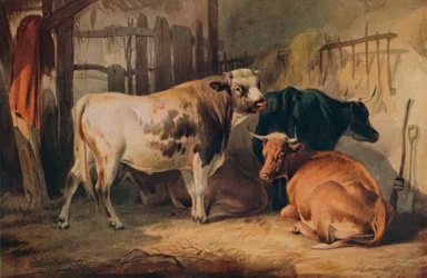 Sonni ja kolme lehmää tallissa, noin 1856