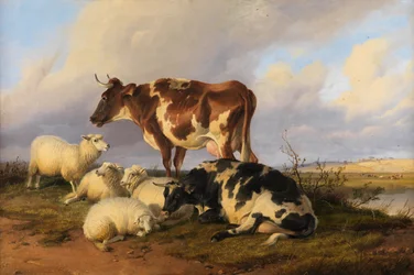 Lampaita ja karjaa suolla (öljy kankaalle)