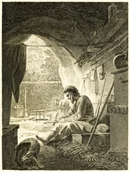 ?Robinson Crusoe töissä luolassaan? "Robinson Crusoen elämä ja oudot yllättävät seikkailut tai York, Mariner?" Kirjailija: Daniel Defoe
