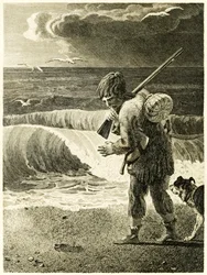 ?Robinson Crusoe löytää miehen jalan jäljen? "Robinson Crusoen elämä ja oudot yllättävät seikkailut tai York, Mariner?" Kirjailija: Daniel Defoe