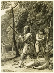 ?Robinson Crusoe näkee ja pelastaa miehensä ensin perjantaina? "Robinson Crusoen elämä ja oudot yllättävät seikkailut tai York, Mariner?" Kirjailija: Daniel Defoe