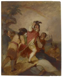 Robinson Crusoe ja hänen miehensä perjantaina lähtevät saarelta, n. 1856