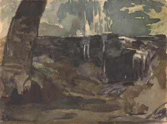 Kalliomainen maisema, suuri puunrunko etualalla