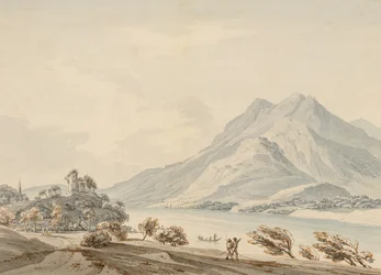 Rigi-vuori ja muinainen Hapsbourgin linna Luzern-järvellä (wc grafiitin päällä paperilla)