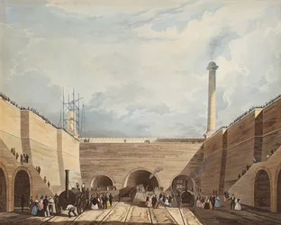 Rautatien sisäänkäynti Edge Hillissä, Liverpoolissa, kaiverrus H. Pyall, 1831 (käsinvärinen etsaus ja akvatinta)
