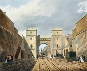 Maurilainen kaari tunnelista katsottuna, taulu 10 teoksesta "Liverpool and Manchester Railway", kaivertanut S. G. Hughes, julkaissut R. Ackermann, 1831