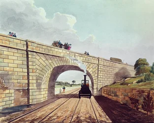 Rainhill Bridge, levy 12 "Liverpool and Manchester Railwaysta", kaiverrus Henry Pyall (1795-1833), pub. Ackermann und Co., 1833