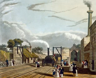Veden ottaminen Parksidessa, levy 13 julkaisusta "Liverpoolin und Manchester Railwayn värillinen näkymä", kaiverrettu H. Pyall, julkaissut Ackermann und Co., Lontoo, 1833